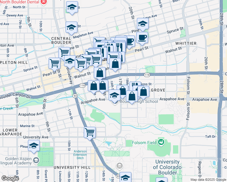 map of restaurants, bars, coffee shops, grocery stores, and more near 1631 Grove Street in Boulder