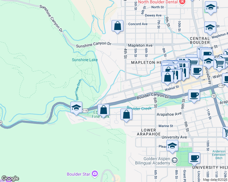 map of restaurants, bars, coffee shops, grocery stores, and more near 287 Pearl Street in Boulder