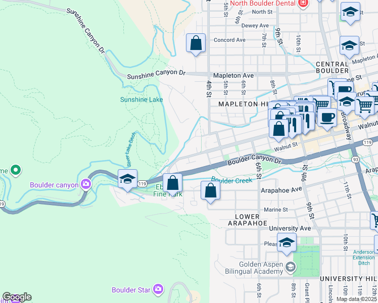 map of restaurants, bars, coffee shops, grocery stores, and more near 295 Pearl Street in Boulder
