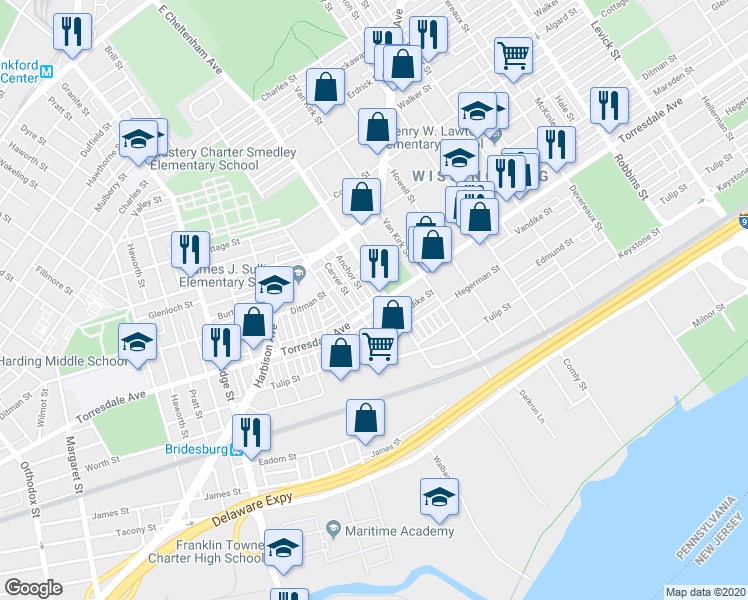 map of restaurants, bars, coffee shops, grocery stores, and more near 2088 Anchor Street in Philadelphia