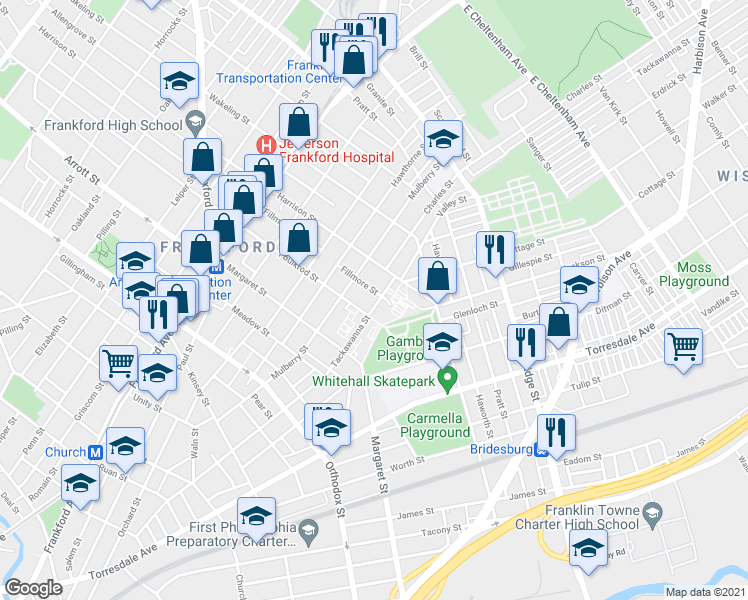 map of restaurants, bars, coffee shops, grocery stores, and more near 4835 Tackawanna Street in Philadelphia