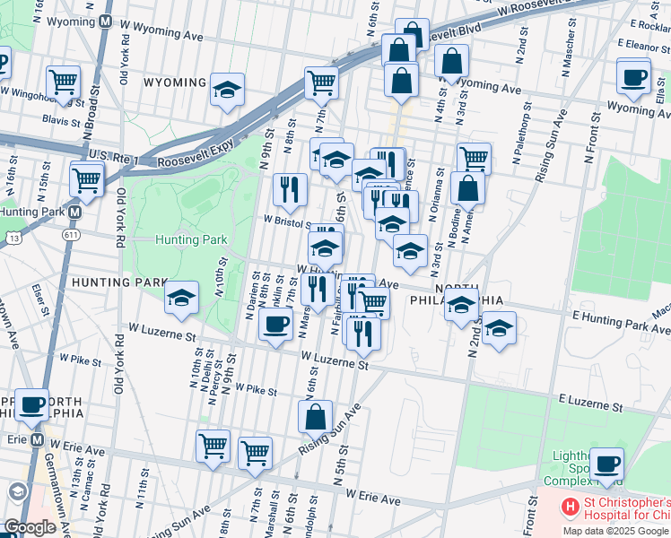 map of restaurants, bars, coffee shops, grocery stores, and more near 4204 North Fairhill Street in Philadelphia