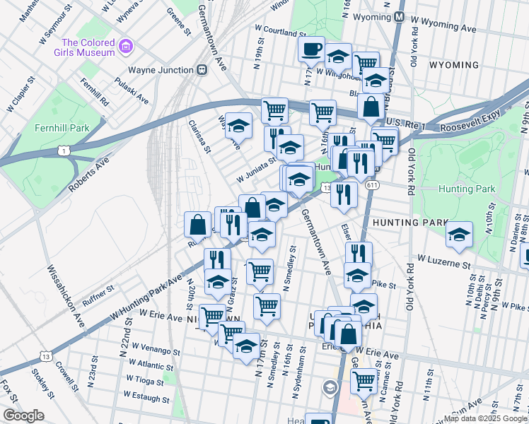 map of restaurants, bars, coffee shops, grocery stores, and more near 1717 West Hunting Park Avenue in Philadelphia