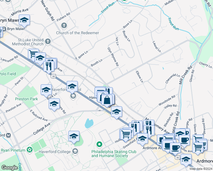 map of restaurants, bars, coffee shops, grocery stores, and more near 350 Montgomery Avenue in Haverford