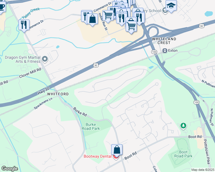 map of restaurants, bars, coffee shops, grocery stores, and more near 215 Silverbell Court in West Chester