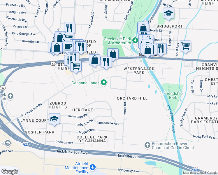 map of restaurants, bars, coffee shops, grocery stores, and more near 215 West Johnstown Road in Gahanna