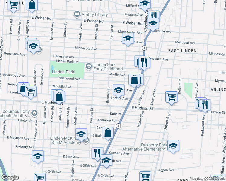 map of restaurants, bars, coffee shops, grocery stores, and more near 1523 Republic Avenue in Columbus
