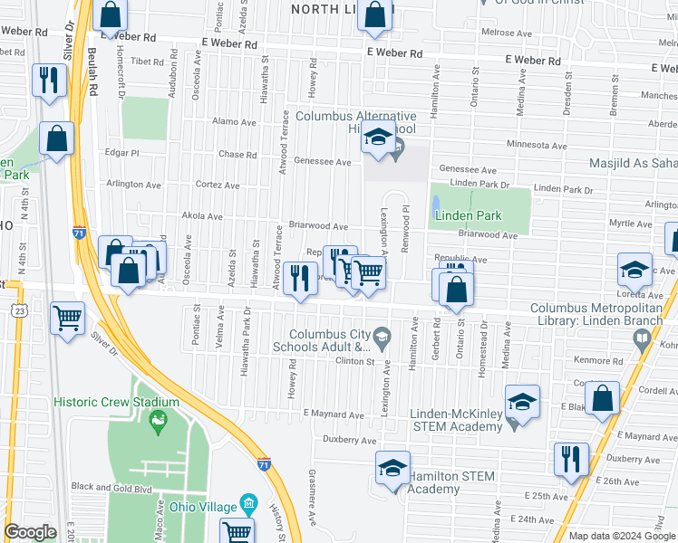 map of restaurants, bars, coffee shops, grocery stores, and more near 1020 Loretta Avenue in Columbus