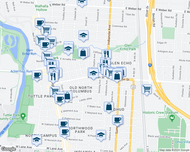 map of restaurants, bars, coffee shops, grocery stores, and more near 272 East Hudson Street in Columbus