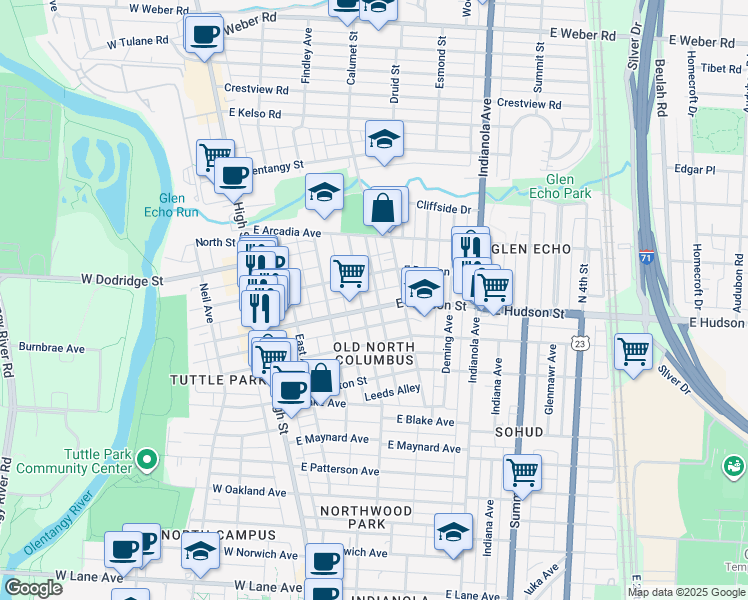 map of restaurants, bars, coffee shops, grocery stores, and more near 164 East Hudson Street in Columbus