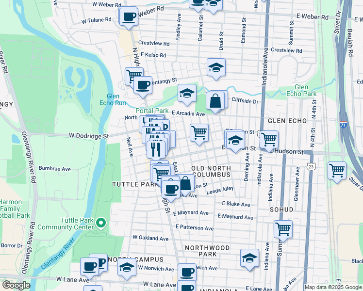 map of restaurants, bars, coffee shops, grocery stores, and more near 2590 Findley Avenue in Columbus