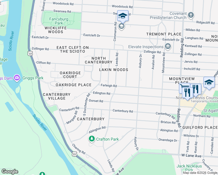 map of restaurants, bars, coffee shops, grocery stores, and more near 2553 Farleigh Road in Columbus