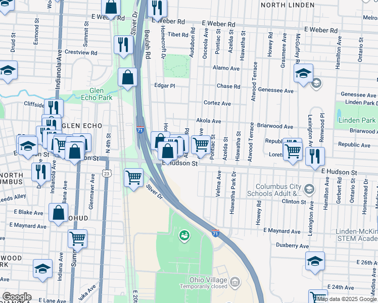 map of restaurants, bars, coffee shops, grocery stores, and more near 2490 Audubon Road in Columbus