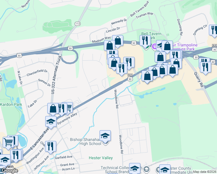 map of restaurants, bars, coffee shops, grocery stores, and more near 827 East Lancaster Avenue in Downingtown