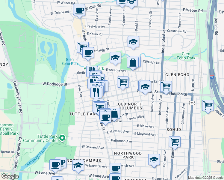 map of restaurants, bars, coffee shops, grocery stores, and more near 83 East Duncan Street in Columbus