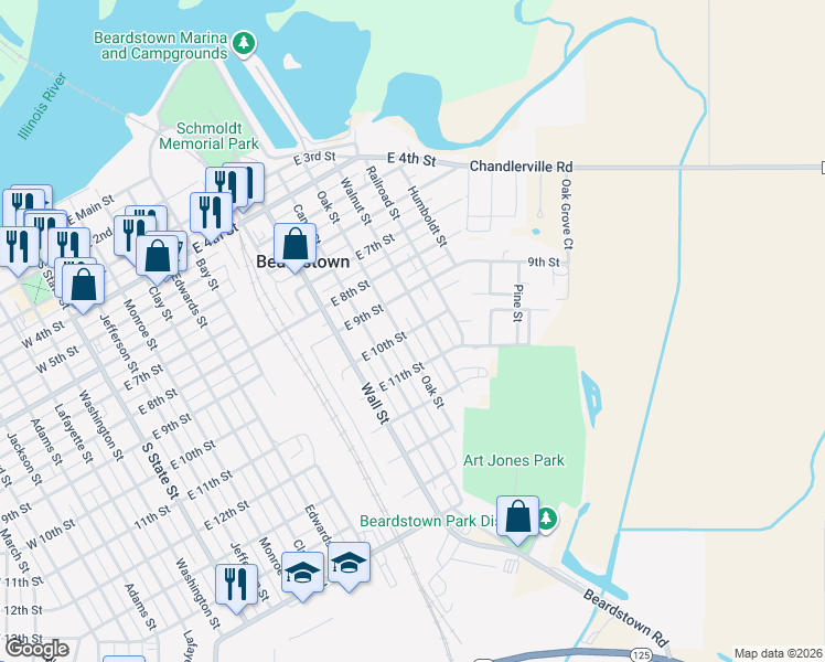 map of restaurants, bars, coffee shops, grocery stores, and more near 1148 East 10th Street in Beardstown