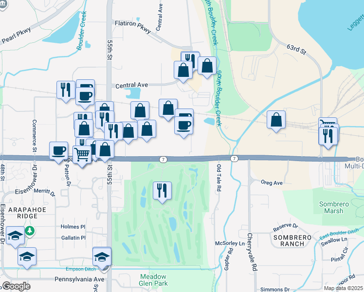 map of restaurants, bars, coffee shops, grocery stores, and more near 5755 Arapahoe Avenue in Boulder