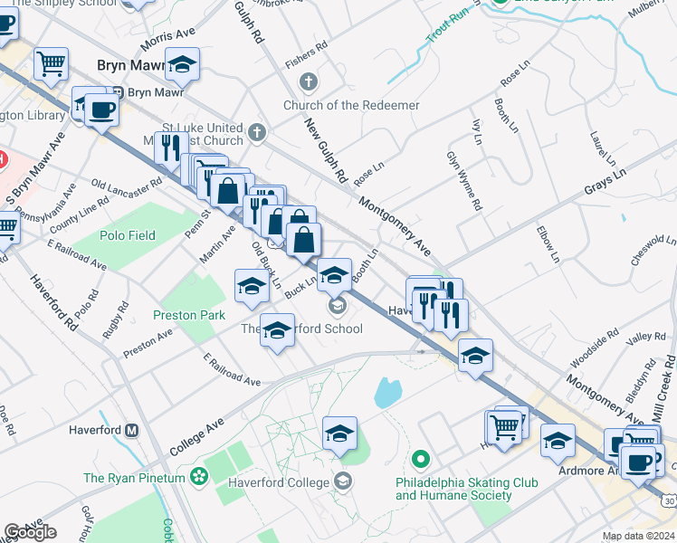 map of restaurants, bars, coffee shops, grocery stores, and more near 457 West Lancaster Avenue in Haverford