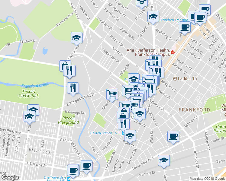 map of restaurants, bars, coffee shops, grocery stores, and more near 4469 East Wingohocking Street in Philadelphia