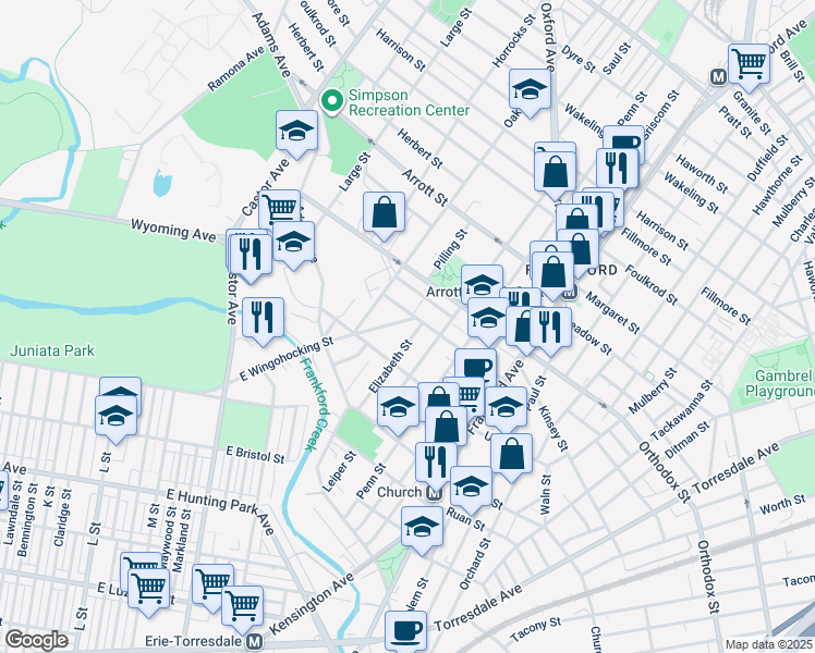 map of restaurants, bars, coffee shops, grocery stores, and more near 4469 East Wingohocking Street in Philadelphia