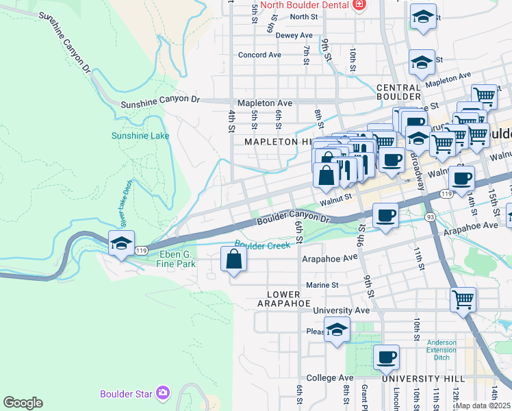 map of restaurants, bars, coffee shops, grocery stores, and more near 410 Pearl Street in Boulder