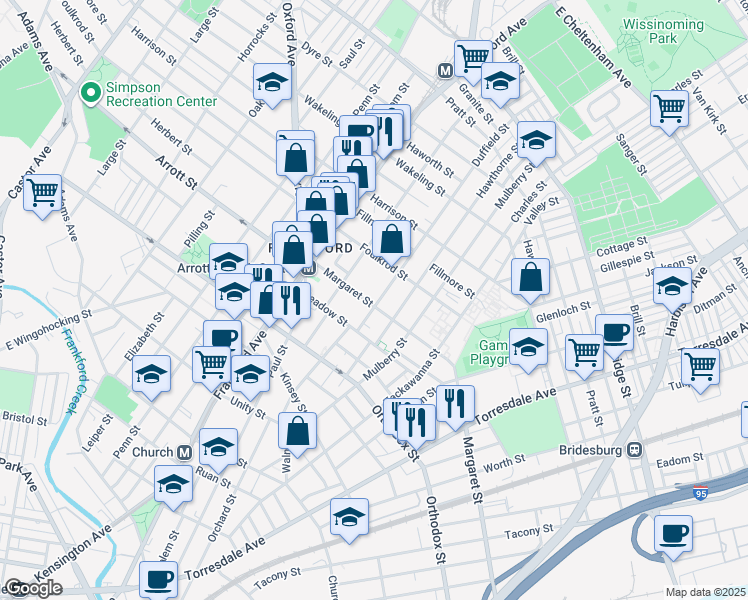 map of restaurants, bars, coffee shops, grocery stores, and more near 1695 Margaret Street in Philadelphia
