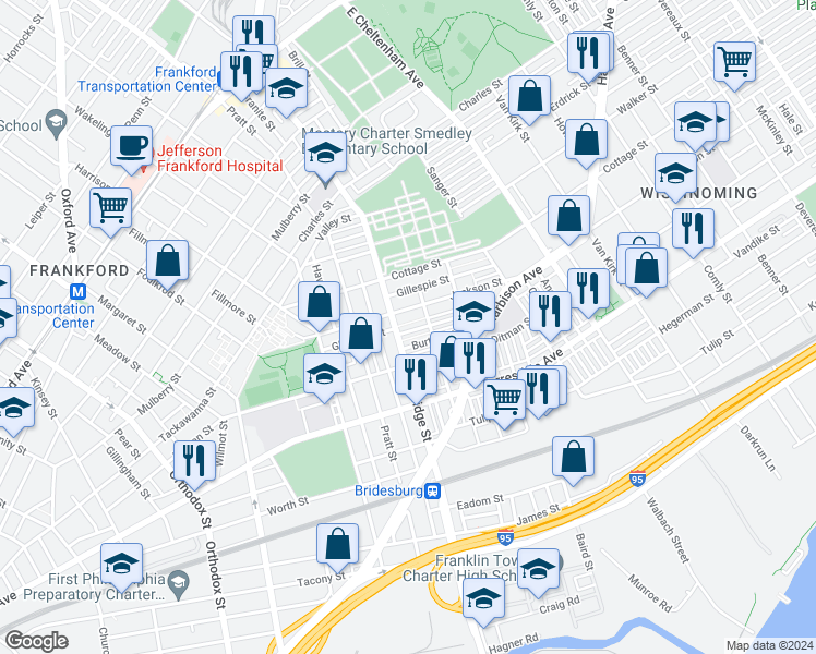 map of restaurants, bars, coffee shops, grocery stores, and more near 5214 Glenloch Street in Philadelphia