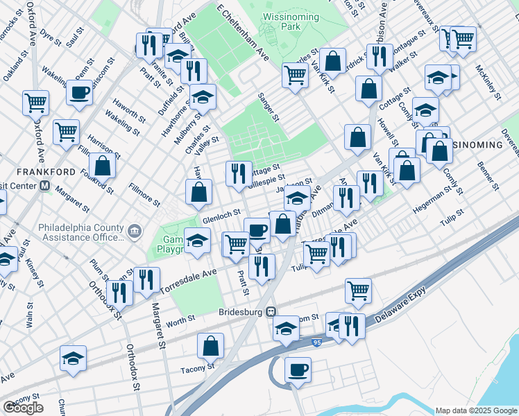 map of restaurants, bars, coffee shops, grocery stores, and more near 5226 Glenloch Street in Philadelphia