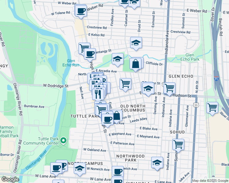 map of restaurants, bars, coffee shops, grocery stores, and more near 85 East Duncan Street in Columbus