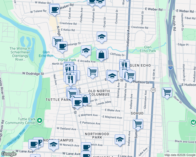 map of restaurants, bars, coffee shops, grocery stores, and more near 164 East Hudson Street in Columbus