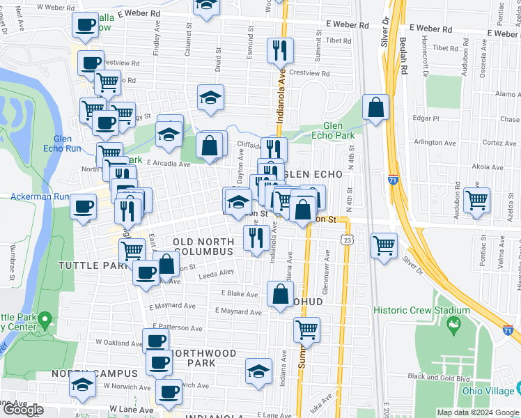 map of restaurants, bars, coffee shops, grocery stores, and more near 2562 Deming Avenue in Columbus