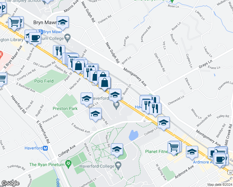 map of restaurants, bars, coffee shops, grocery stores, and more near 457 Lancaster Avenue in Haverford