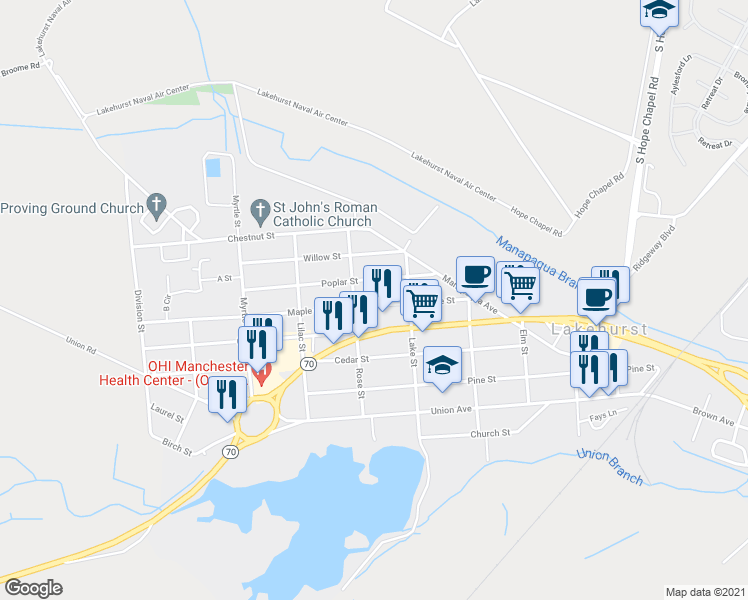 map of restaurants, bars, coffee shops, grocery stores, and more near 411 Maple Street in Lakehurst