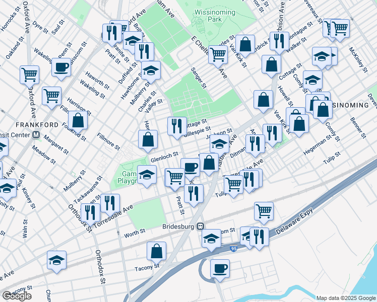 map of restaurants, bars, coffee shops, grocery stores, and more near 5214 Glenloch Street in Philadelphia