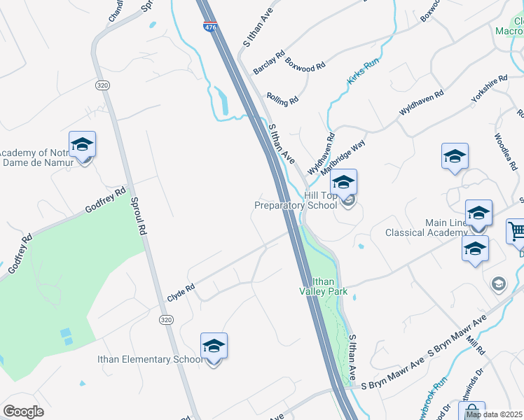 map of restaurants, bars, coffee shops, grocery stores, and more near 107 Cumberland Place in Bryn Mawr