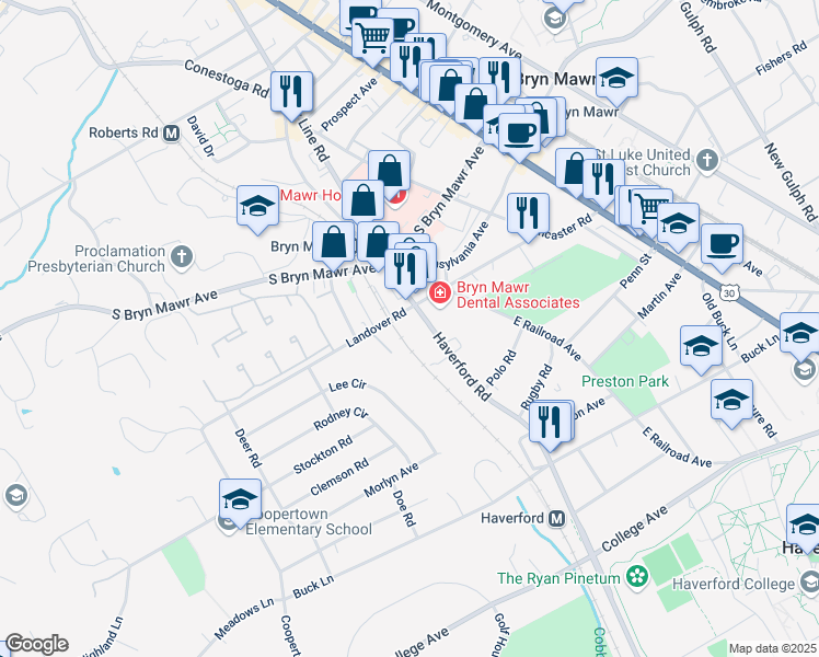 map of restaurants, bars, coffee shops, grocery stores, and more near 950 Haverford Road in Bryn Mawr