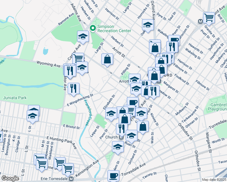 map of restaurants, bars, coffee shops, grocery stores, and more near 4471 East Wingohocking Street in Philadelphia