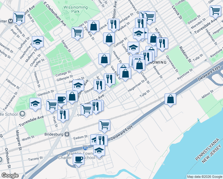 map of restaurants, bars, coffee shops, grocery stores, and more near Torresdale Ave & E Cheltenham Ave in Philadelphia