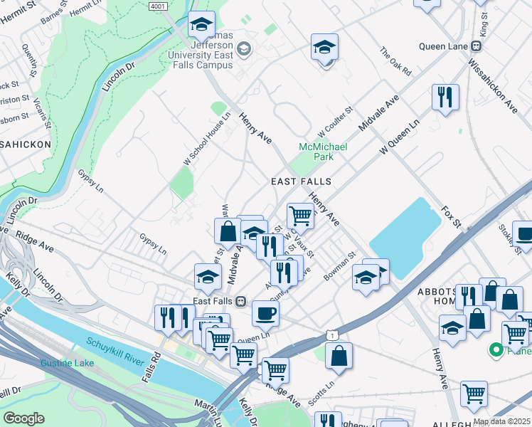 map of restaurants, bars, coffee shops, grocery stores, and more near 3419 Midvale Avenue in Philadelphia