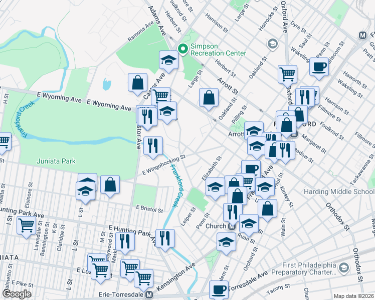 map of restaurants, bars, coffee shops, grocery stores, and more near 1202 Unity Street in Philadelphia