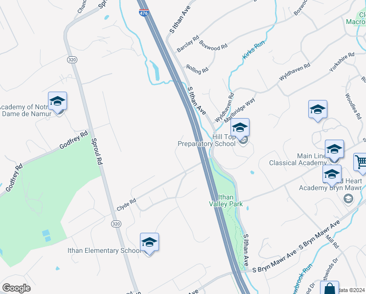 map of restaurants, bars, coffee shops, grocery stores, and more near 107 Cumberland Place in Bryn Mawr