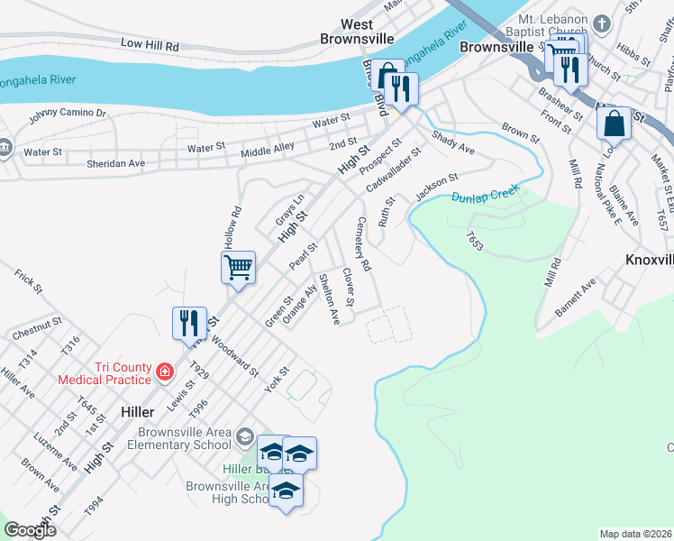 map of restaurants, bars, coffee shops, grocery stores, and more near 401 Green Street in Brownsville