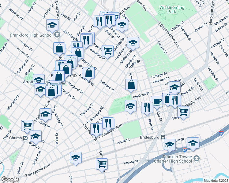 map of restaurants, bars, coffee shops, grocery stores, and more near 4835 Tackawanna Street in Philadelphia
