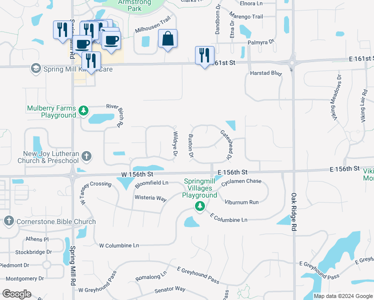 map of restaurants, bars, coffee shops, grocery stores, and more near 15680 Buxton Drive in Westfield