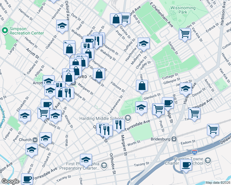 map of restaurants, bars, coffee shops, grocery stores, and more near 1813 Foulkrod Street in Philadelphia