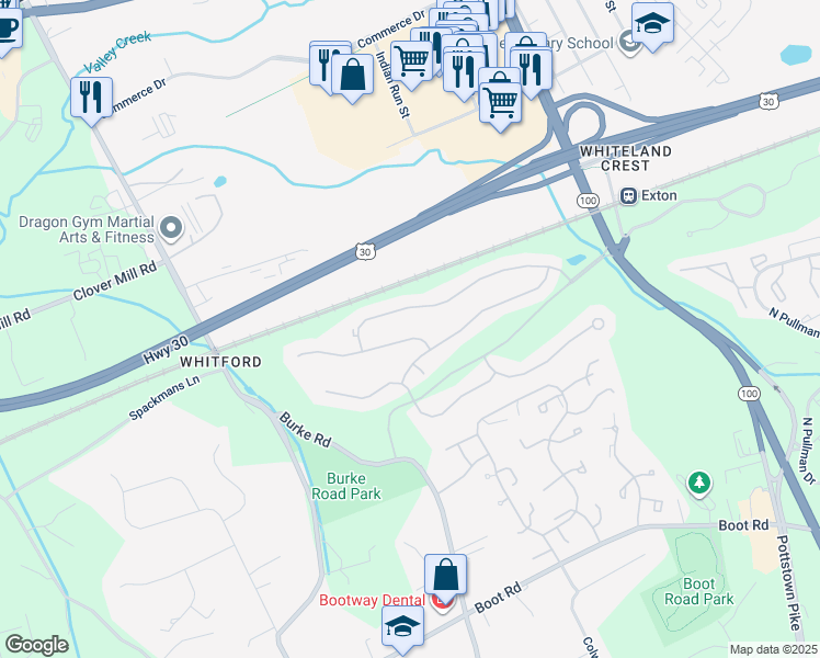 map of restaurants, bars, coffee shops, grocery stores, and more near 215 Silverbell Court in West Chester