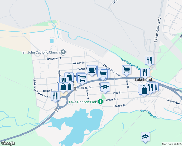 map of restaurants, bars, coffee shops, grocery stores, and more near 411 Maple Street in Lakehurst