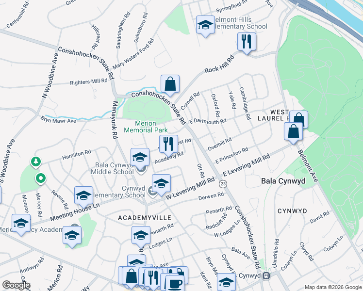 map of restaurants, bars, coffee shops, grocery stores, and more near 20 West Amherst Road in Bala Cynwyd