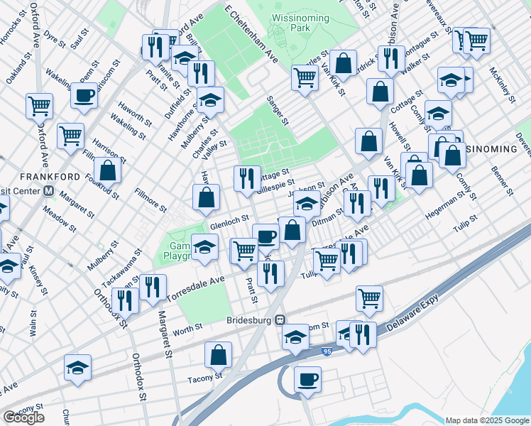 map of restaurants, bars, coffee shops, grocery stores, and more near 5218 Glenloch Street in Philadelphia
