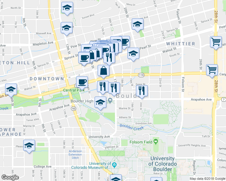 map of restaurants, bars, coffee shops, grocery stores, and more near 1631 Grove Street in Boulder